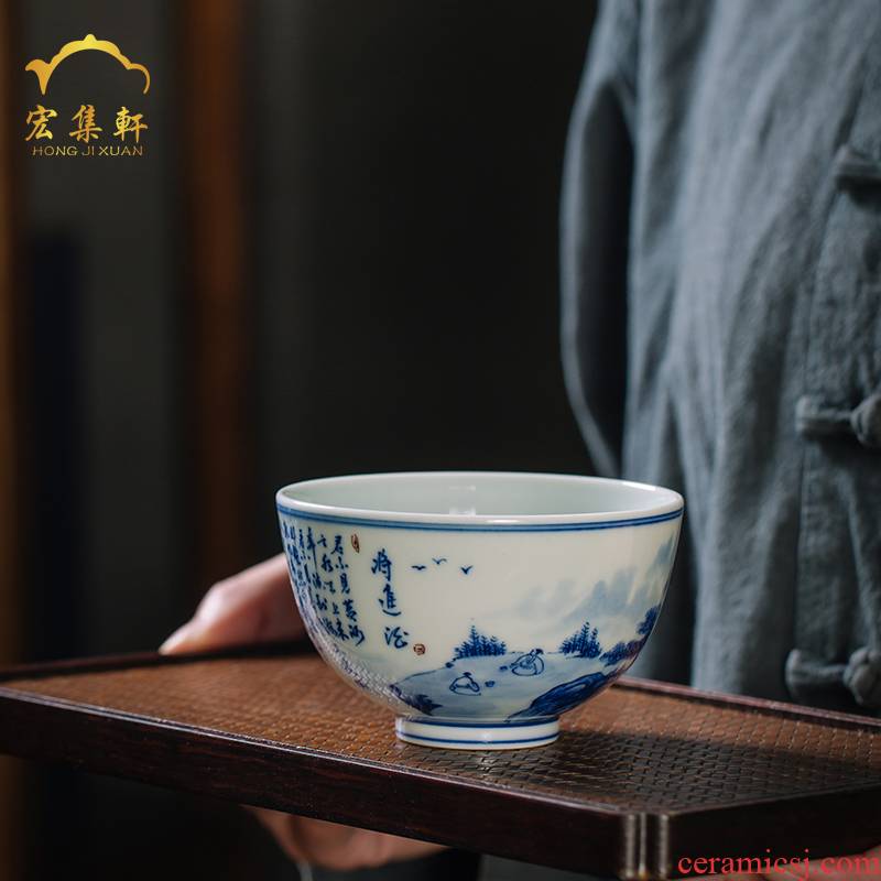 The Master cup single hand - made ceramic cups of jingdezhen blue and white, blue and white inside and outside the firewood and calligraphy sample tea cup