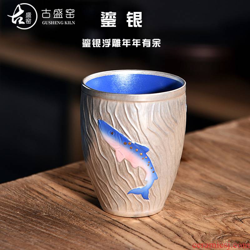 Ancient sheng up ceramic cups home tasted silver gilding kung fu master cup relief creative leap make tea cup with the cup