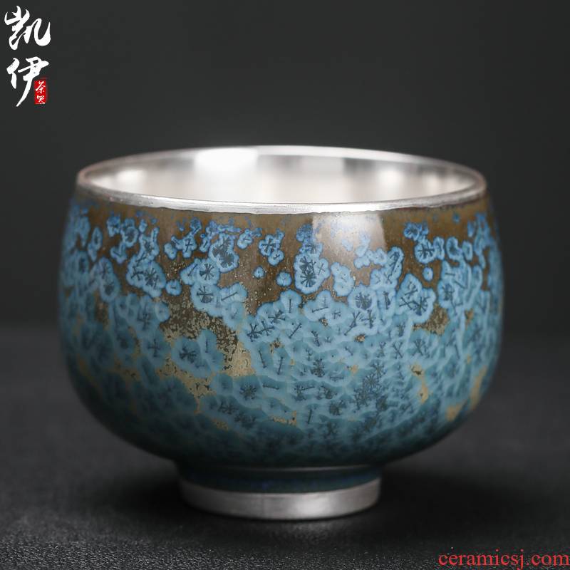 Taiwan floating cui aquamarine temmoku up gold silver cup spot ceramic kung fu tea set sample tea cup tea master silver cup
