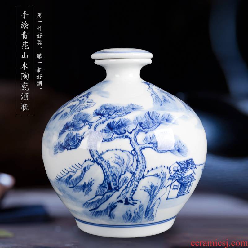 10 jins hand - made decorative landscape wine bottle collection bottle blue and white porcelain jar with seal of jingdezhen ceramics