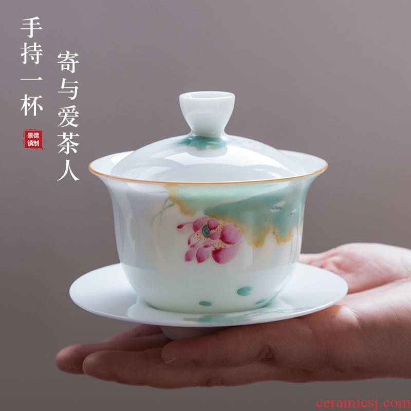 Sweet white porcelain pure hand - made tureen tea cups large single is not thin body three fort bowl kung fu tea set