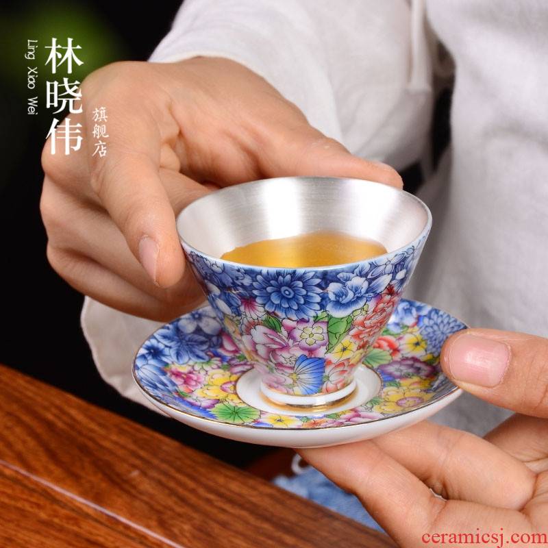 Jingdezhen tasted silver ceramic cups silver gilding kung fu tea master cup single CPU use cup mat silver sample tea cup