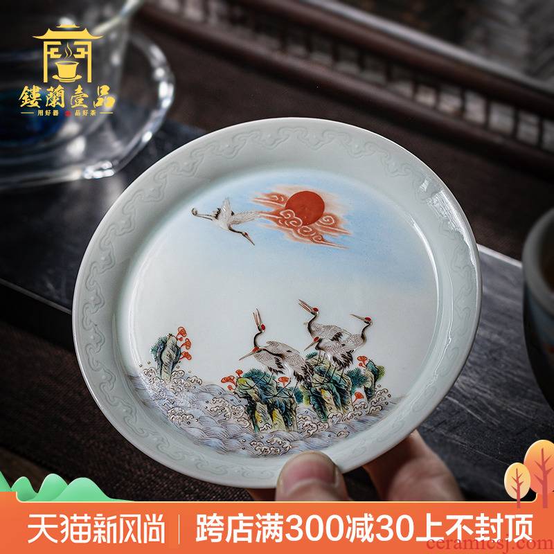 Jingdezhen ceramic all hand pastel fukuyama ShouHaiYun crane, grain teacups hand - made compote tea accessories cup mat