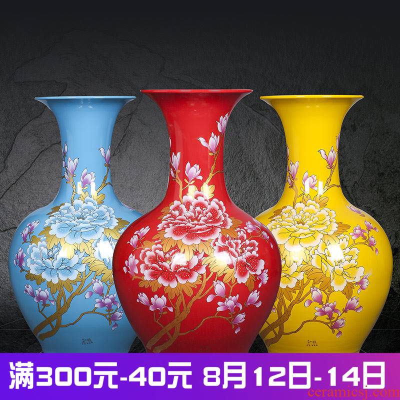 Jingdezhen ceramics red yellow blue ground large vase office sitting room of Chinese style household decorative furnishing articles of feng shui