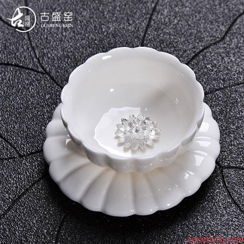 Ancient sheng name plum blossom put dehua up new lotus high - white porcelain inlay silver cup manually jade craft master sample tea cup cup