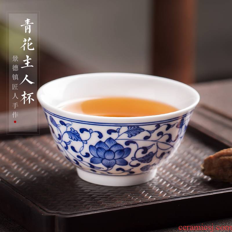 . Poly real view jingdezhen hand - made kunfu tea cup blue and white porcelain large master cup single sample tea cup cup tie up branches