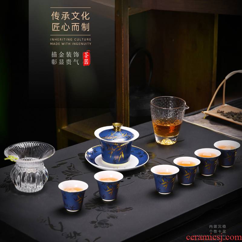 The Poly real scene suet jade porcelain kung fu tea set household custom LOGO dehua white porcelain cups blue bamboo tureen