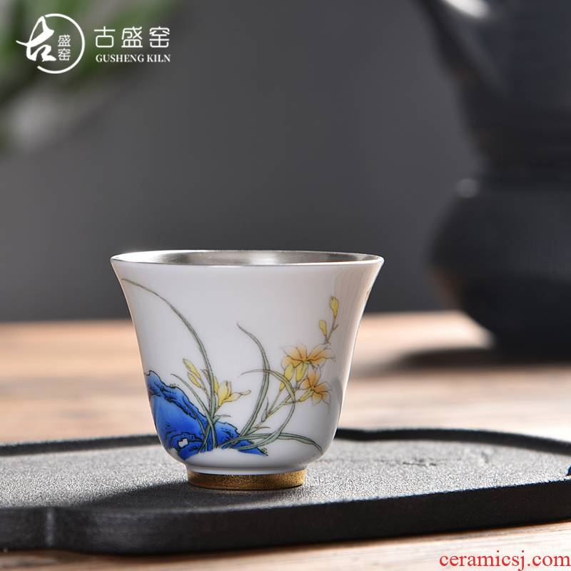 Ancient sheng up new gift boxes tasted silver gilding suet jade porcelain ceramic hand - made orchid sample tea cup masters cup single fullness