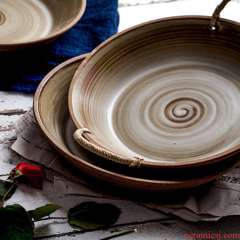 Japanese hand - made ceramic old western soup plate spiral shallow dish retro coarse ceramic tableware household jobs hemp rope fish dish