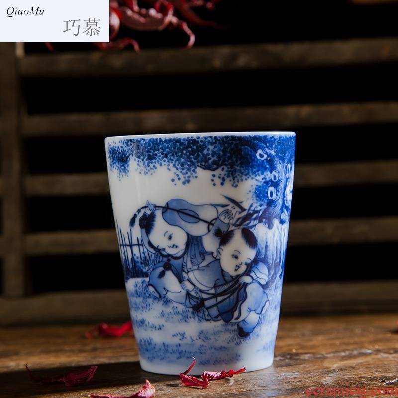 Qiao mu jingdezhen hand - made porcelain tea set the boy hand cups fragrance - smelling cup pure manual under the glaze color
