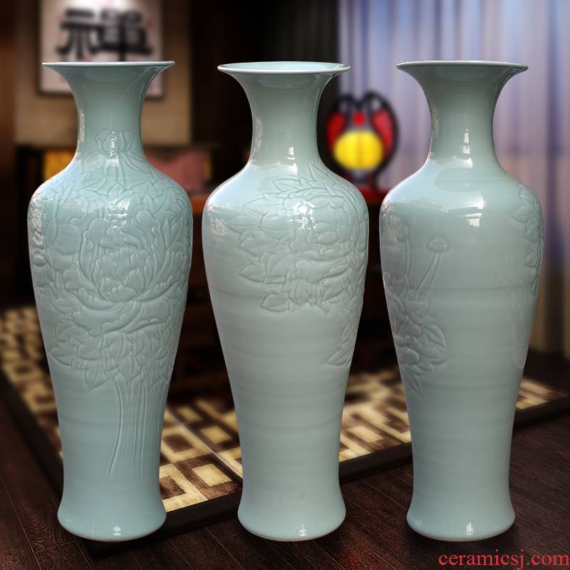 Jingdezhen ceramics powder blue glaze peony hand - carved lotus landing a large vase furnishing articles high long sitting room