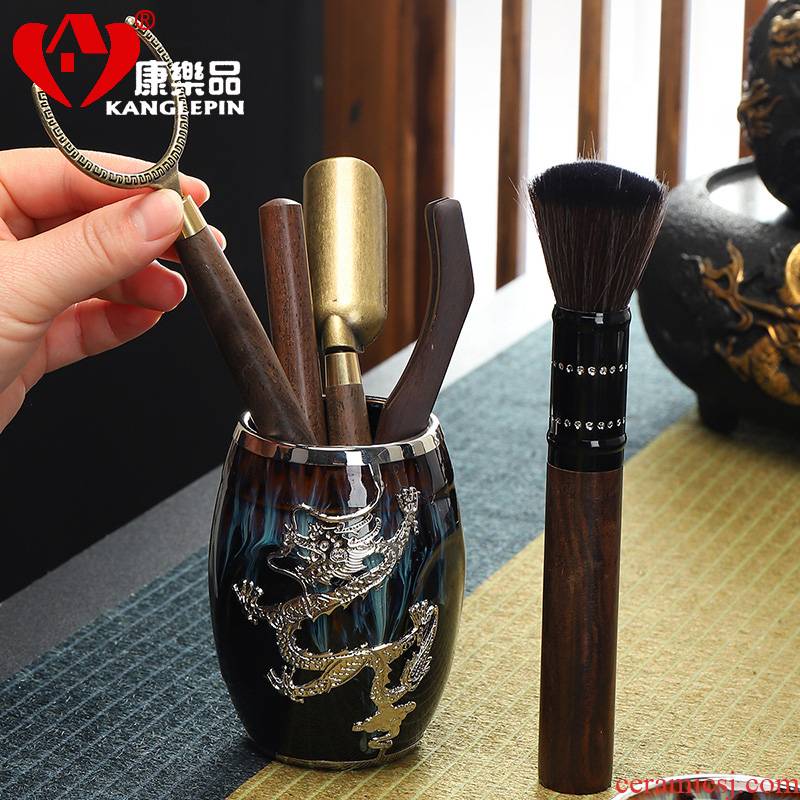 Recreational product an inset jades tea accessories tea ceramic 6 gentleman ebony wood needle ChaGa brush kung fu tea set