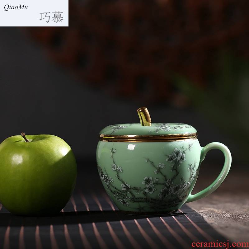 Qiao mu longquan celadon teacup apple coloured drawing or pattern glass mugs office home tea tea set with cover cups