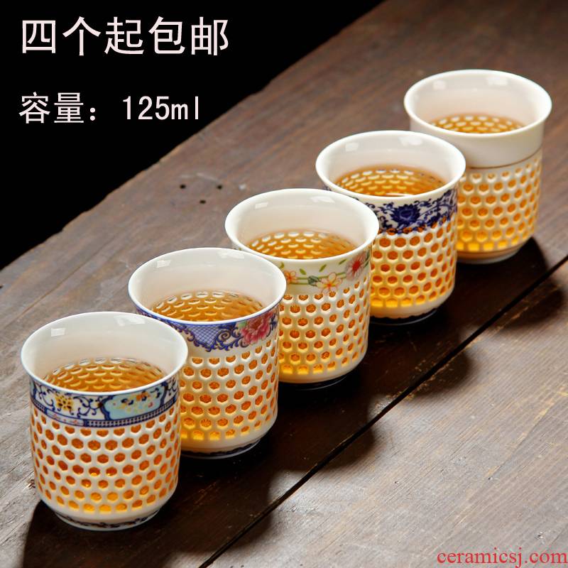 Jingdezhen blue and white porcelain teacup honeycomb linglong cup size cup 125 ml master cup cup high white type