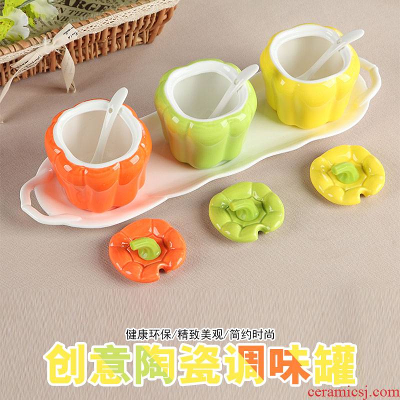 Kitchen flavor pot three - piece combination with ceramic jar with cover household creative individual salt shaker spice jar