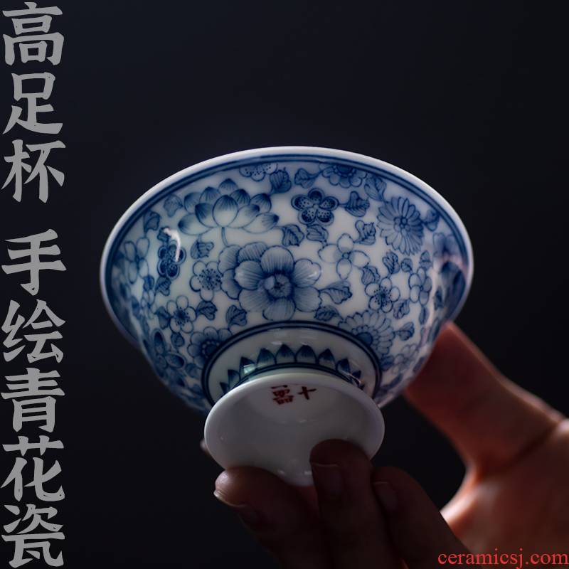 Twenty - four ware jingdezhen hand - made flower hat of blue and white porcelain cup kongfu master single glass ceramic cups of tea