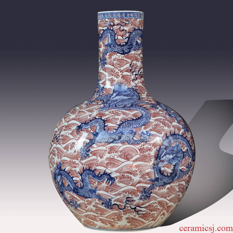 Jingdezhen blue and white youligong imitation qianlong hand - made dragon vase on the celestial sphere red dragon tattoo art vase make sea, Kowloon