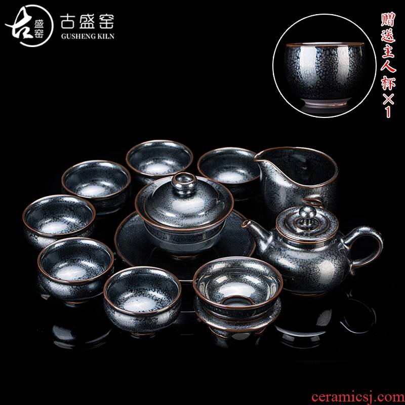 Ancient master sheng up Chen Weichun built light tea suit household ceramic checking kung fu tea set lid bowl