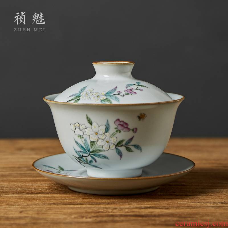 Shot incarnate your up hand - made the pear flower only three tureen jingdezhen ceramic kung fu tea set household open piece of cover cup tea bowl