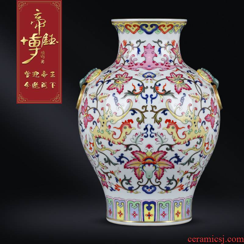 Antique hand - made jingdezhen ceramics powder enamel vase with a chicken wear pattern lion sitting room porch Chinese TV ark, furnishing articles