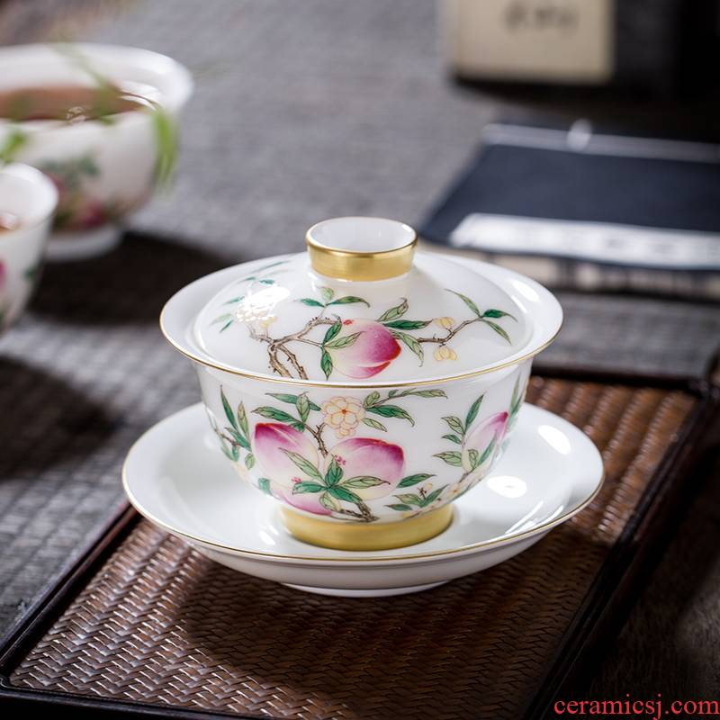 The Owl up with jingdezhen ceramic manual tureen tea cup three see colour peach traditional enamel to bowl