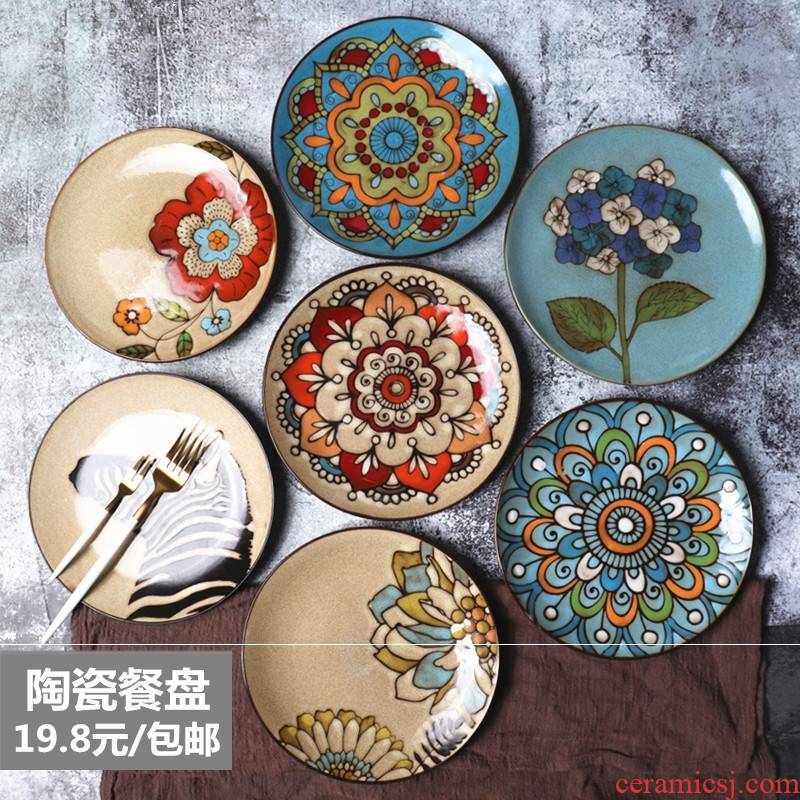 Creative ceramic plate plate of household utensils steak dinner plate plate of circular plates hand - made Europe type under the glaze color plate