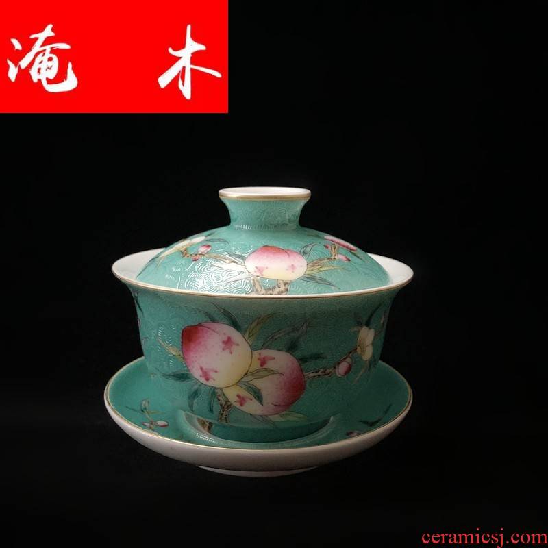 Submerged wood grilled jingdezhen manual hand - made pastel flower tea kungfu tea set peach three tureen archaize package mail