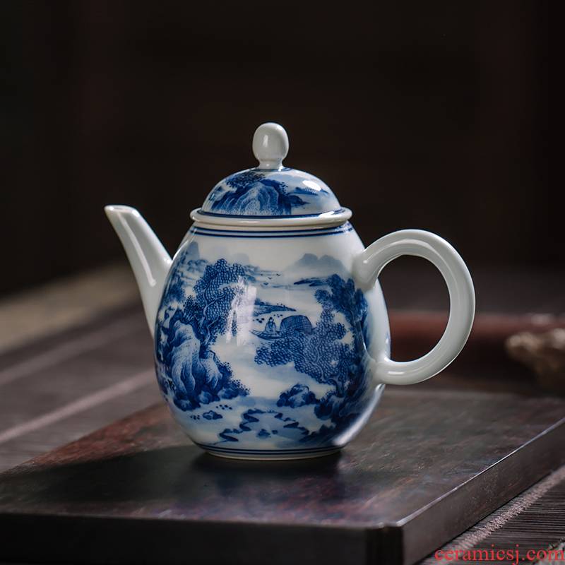 Owl up jingdezhen blue and white porcelain tea set maintain landscape sketch pot of tea teapot egg - shaped pot filled with hand - made
