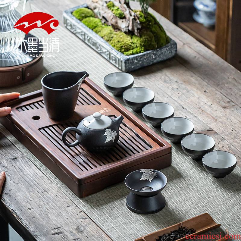 Black pottery ceramic teapot tea set home sitting room Japanese zen kung fu tea cups coarse pottery office restoring ancient ways