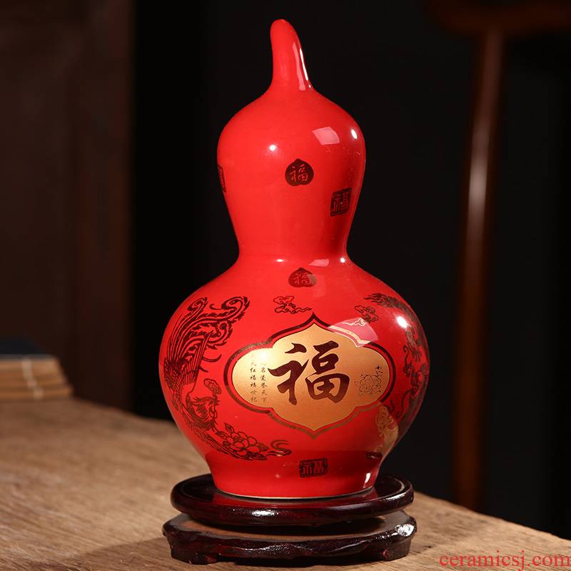 Jingdezhen ceramics China red gourd vases, furnishing articles wine rich ancient frame of Chinese style household decorations arts and crafts