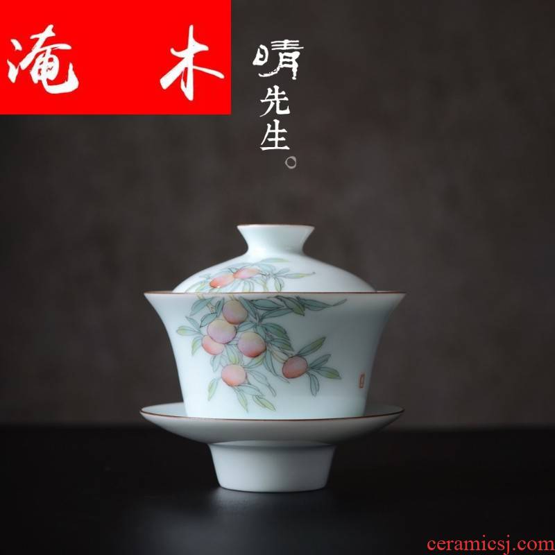 Flooded peach wood issue a moment of jingdezhen hand - made three cup water chestnut tureen shadow celadon tea cup hot enamel