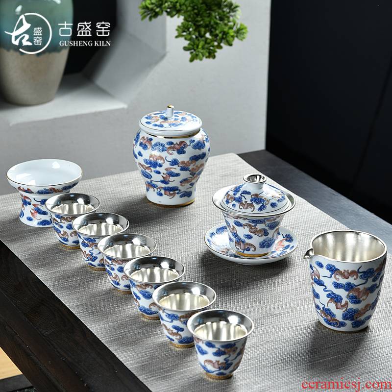 The ancient sheng up coppering. As silver tea set blue and white porcelain enamel teapot silver cups kung fu tea set of a complete set of The home