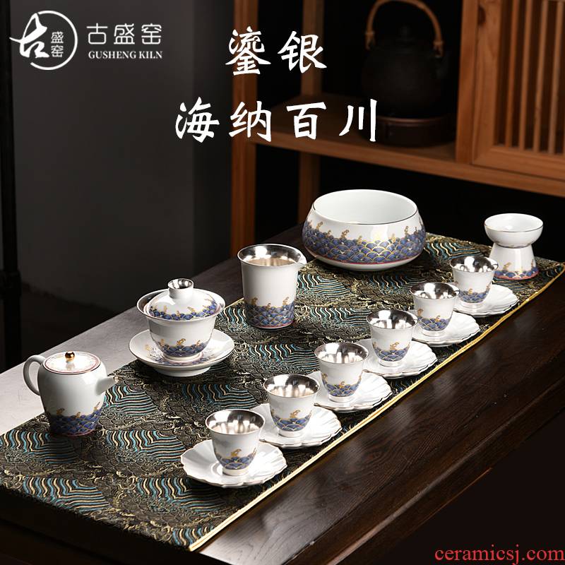 Ancient sheng up 999 sterling silver, kung fu tea set colored enamel porcelain of a complete set of 6 people tasted silver gilding the teapot teacup gifts