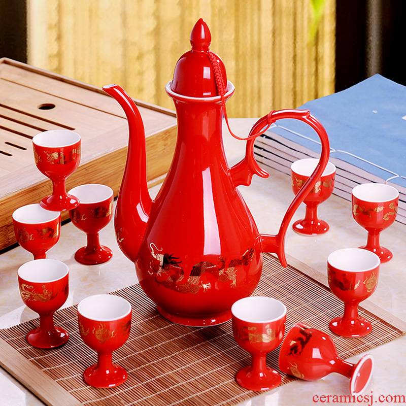 Red wedding wine suit household of Chinese style of archaize of jingdezhen ceramics hip flask wedding toast wine glass cup