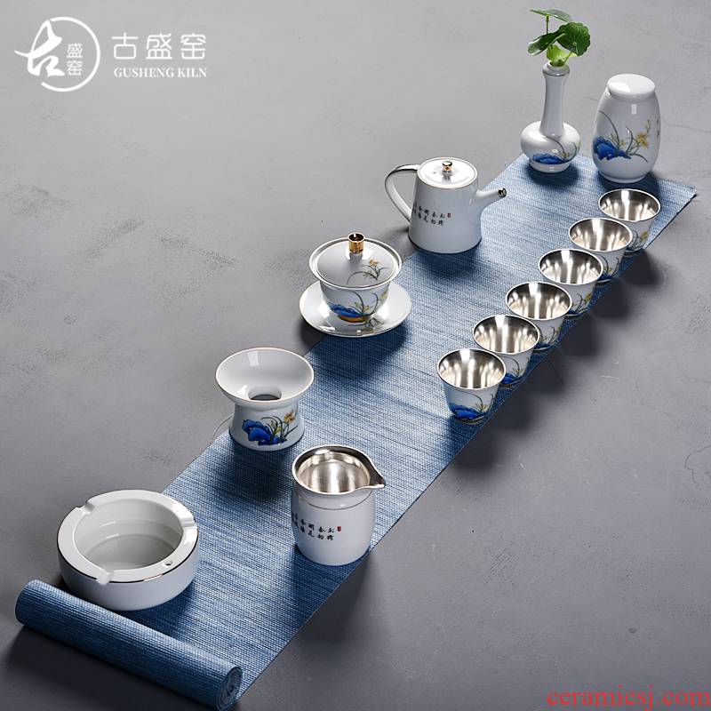 Ancient sheng up ceramic new elegant orchid coppering. As the silver suet jade suit household hand - made the master sample tea cup cup
