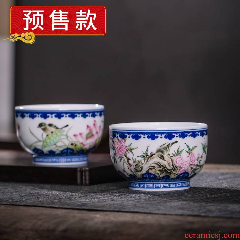 Owl up jingdezhen blue and white master all hand tea cup cup lotus peach colored enamel painting of flowers and birds to the CPU