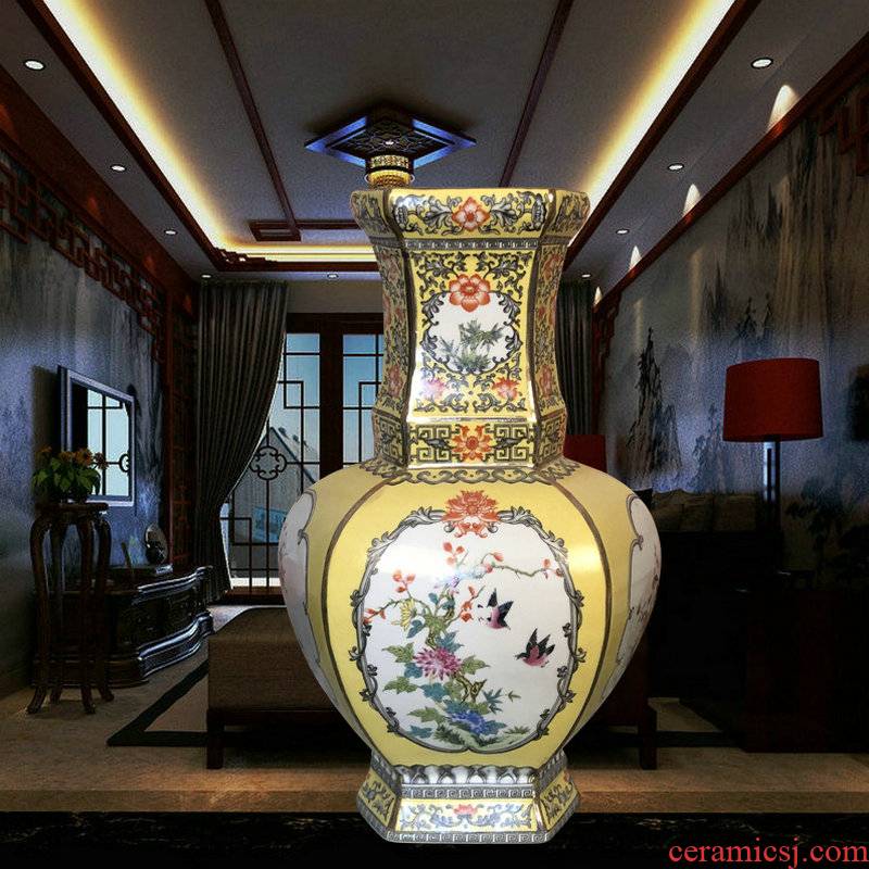 Mesa of jingdezhen ceramics vase archaize the six - party six edge yellow flower on enamel European living room decoration