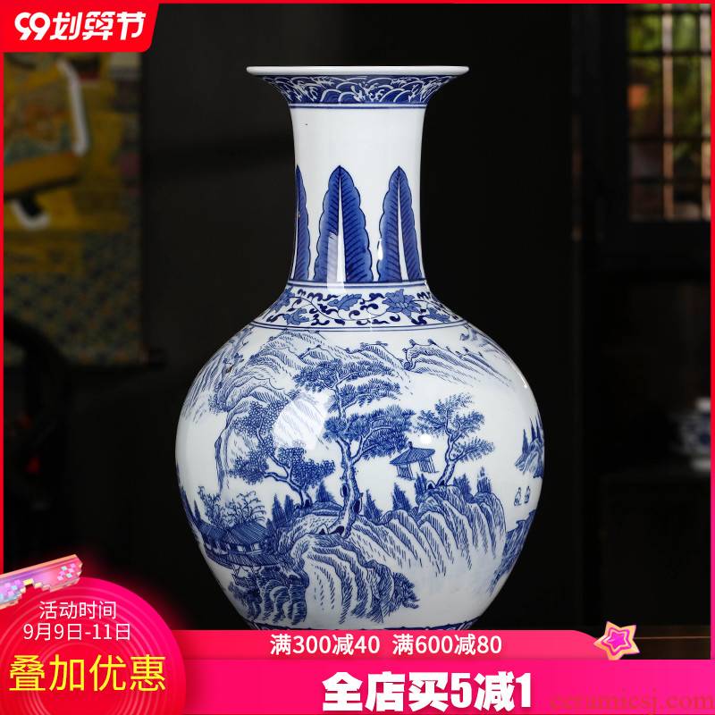 Jingdezhen ceramics antique landscape blue and white porcelain vases, flower arrangement large home sitting room porch TV ark, furnishing articles