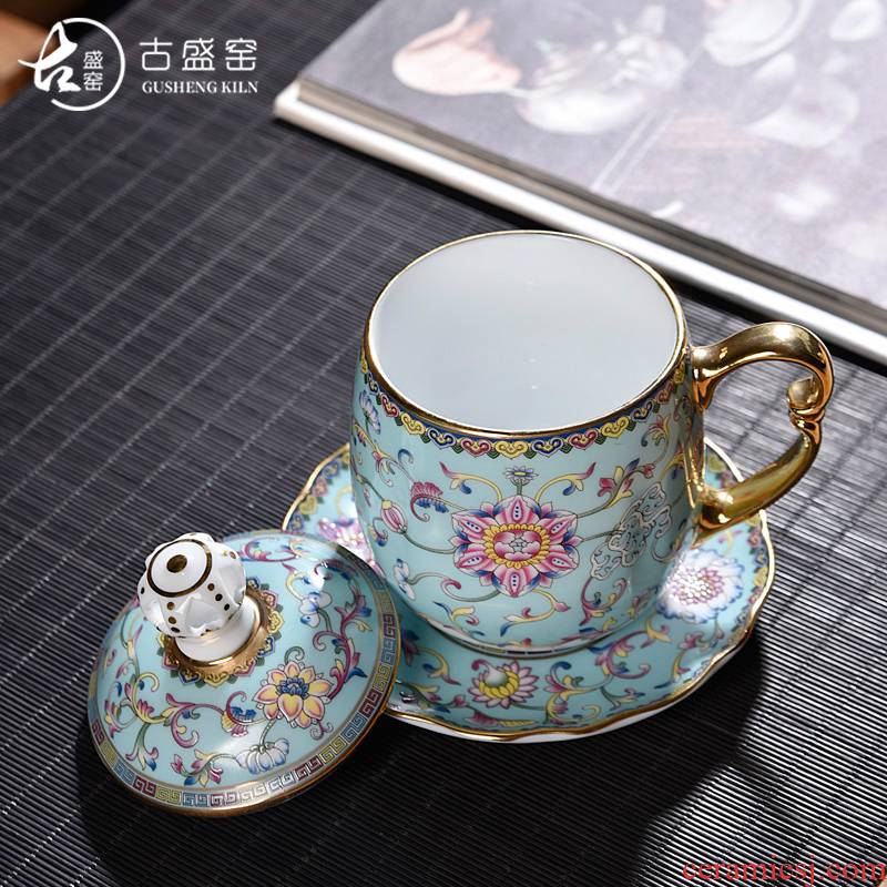 The ancient sheng up with colored enamel porcelain keller with cover filter home office cup portable large capacity water glass tea cup