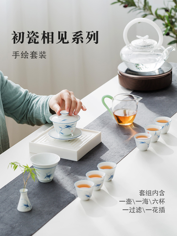 Ultimately responds to hand - made jingdezhen contracted tea suit covered bowl of blue and white porcelain tea cups household Japanese tea taking for office