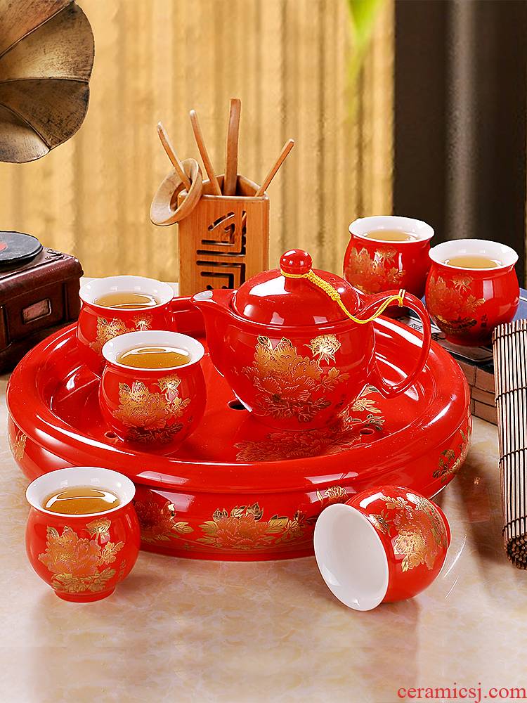 Marriage was suit household of Chinese style wedding of a complete set of jingdezhen ceramic big red kung fu tea cup teapot tea tray