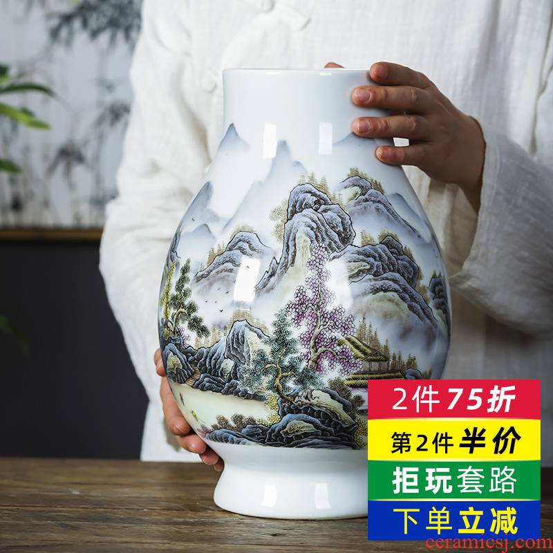 Jingdezhen ceramics pastel landscape painting big lucky bamboo vase planting place, sitting room of Chinese style household ornaments
