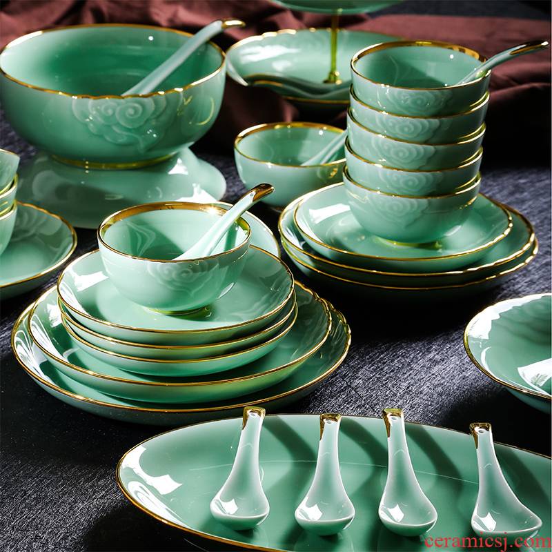 Red xin longquan celadon dishes carved up phnom penh high - end web celebrity hand - made use of jingdezhen ceramics tableware suit