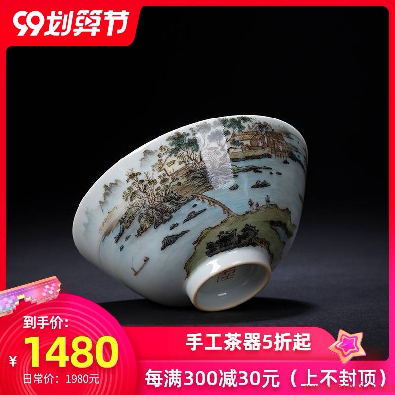St ceramic kung fu teacups hand - made pastel landscape fisherman 's song, jiangpu figure masters cup sample tea cup of jingdezhen tea service
