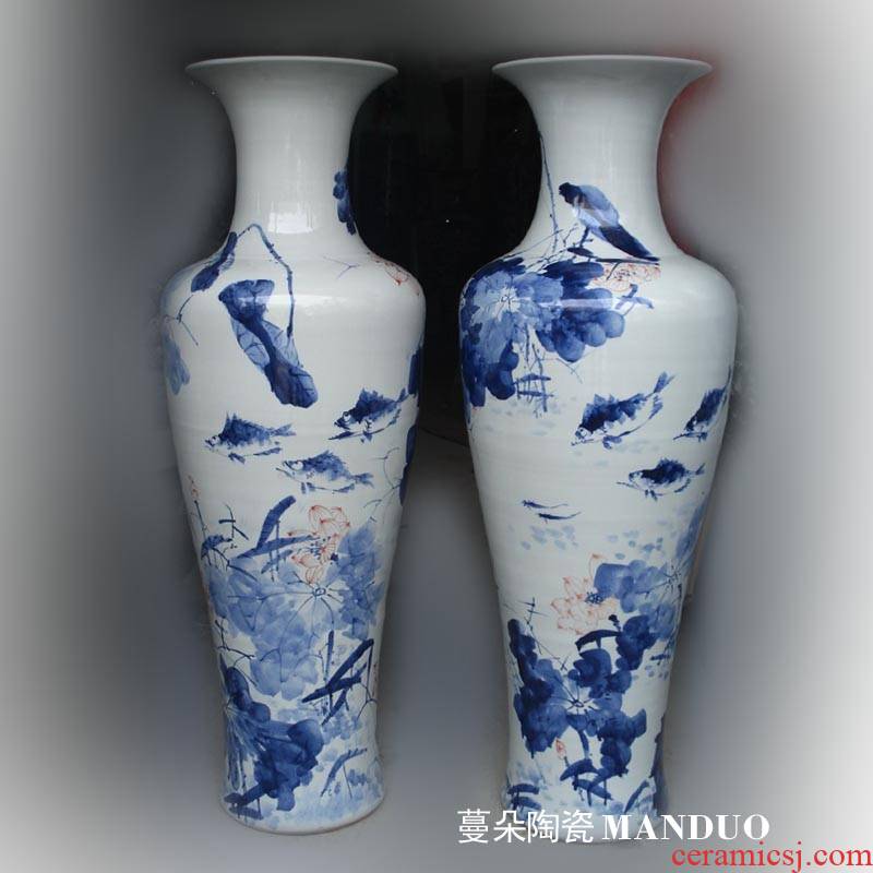 Jingdezhen blue and white lotus mandarin fish powder hand - made of blue and white sitting room place 1.2 meters tall vase vase