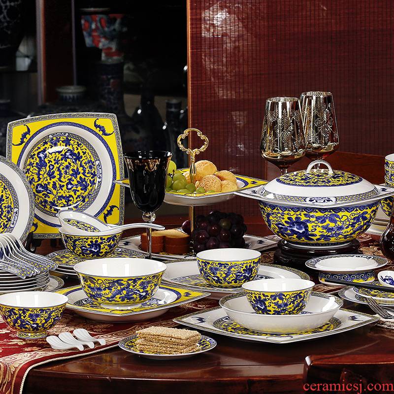 Jingdezhen blue and white porcelain tableware suit ceramic bowl dish 62 skull bowls disc suit household five blessings