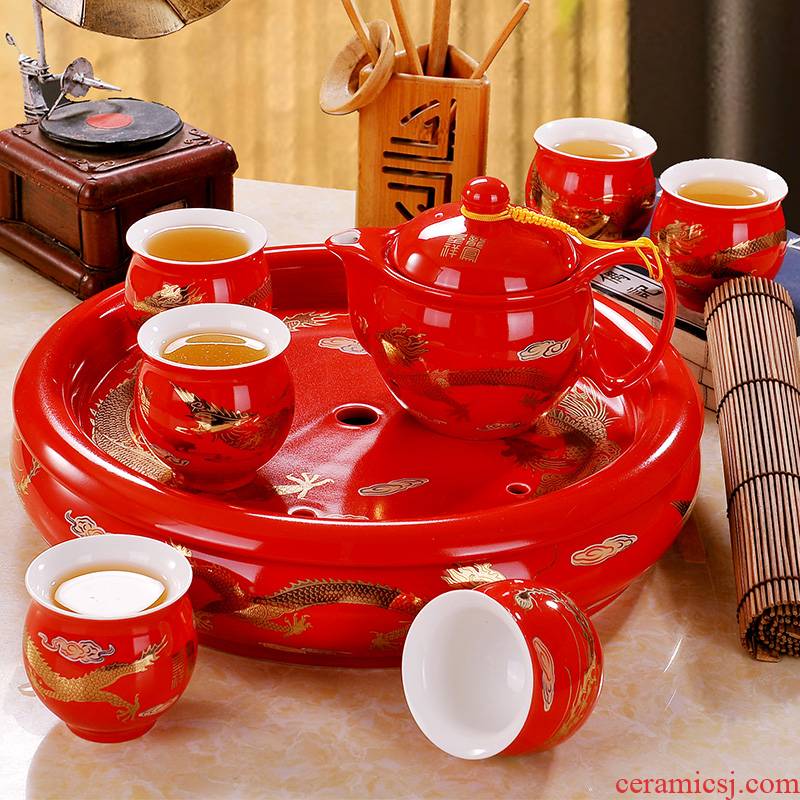 Wedding tea suit household teapot kung fu tea tray cups simple Chinese style Wedding jingdezhen ceramic package