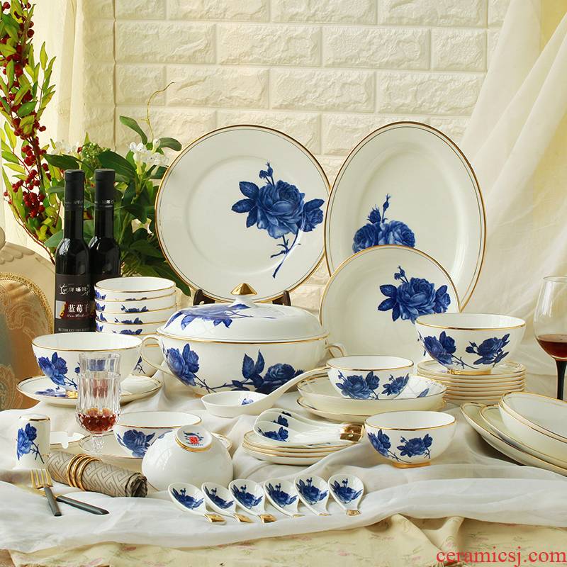 68 blue and white porcelain tableware suit dishes suit ceramic dishes and bowls of ipads plate paint tableware by hand