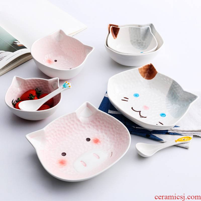 Lovely girl cartoon piggy ceramic terms rainbow such as bowl with a lid baby breakfast tray was single dormitory tableware