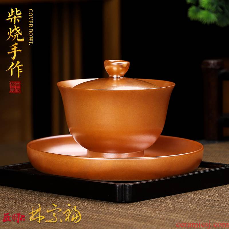 The Master artisan fairy Lin Zongfu restoring ancient ways to burn only three tureen ceramic cups household pure manual kung fu tea set
